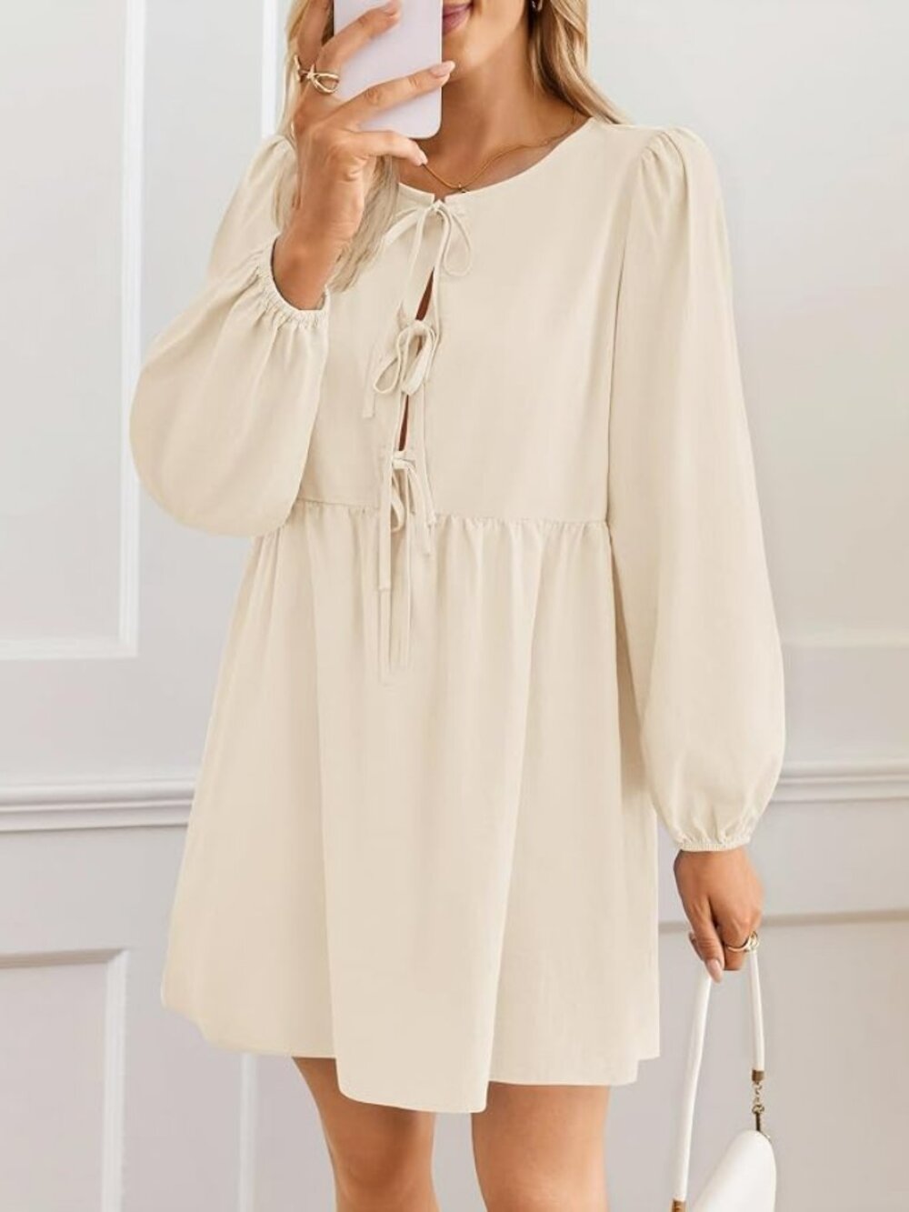 ZESICA Women's Dress Long Puff Sleeve Self-Tie Front Babydoll Dress - Apricot